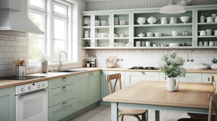 Light and airy kitchen with white cabinets, wood countertops, and a large window.