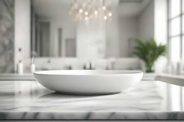 Fototapeta premium Empty marble tabletop or counter with display product. Blur image of bath room background.