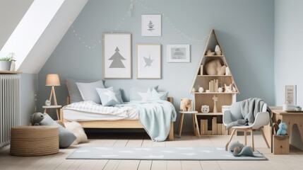 Light and airy bedroom with a wooden bed, a bookshelf in the shape of a tree, a gray rug, and a white chair with a gray blanket.
