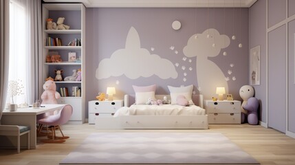 Light and airy bedroom with a white bed, white shelves, and a white rug with pink accents. The room has a soft lavender color scheme.  The wall is decorated with cloud shapes painted on the wall.