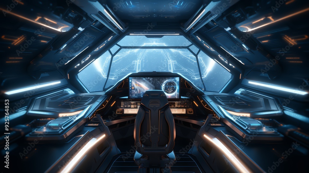Poster futuristic spaceship cockpit with a view of space.