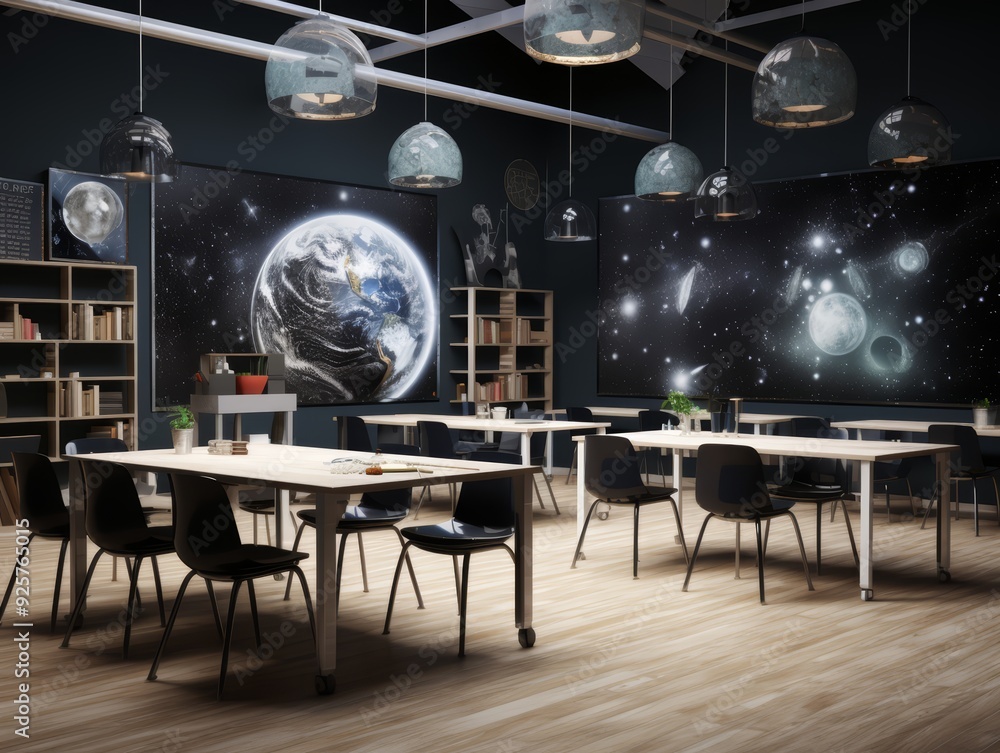 Poster empty classroom with space themed posters and tables with chairs.