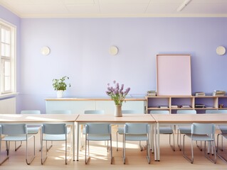 Empty meeting room with a light purple wall, two large windows, a long table, and light blue chairs.