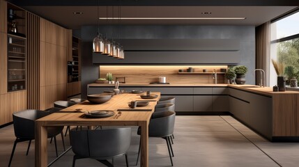Contemporary kitchen with wooden cabinets, grey countertops, black dining chairs and a wooden table with a vase of dried flowers on the counter.