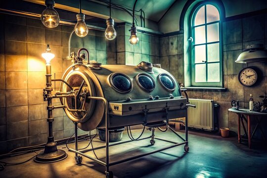 Vintage medical equipment, iron lung respirator, in a dimly lit hospital room, with cables and tubes surrounding the cylindrical chamber, evoking a sense of nostalgia.