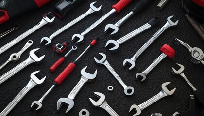 Fototapeta premium top view illustration of an assortment of car mechanics tools, including a digital multimeter, calipers, and a set of sockets, placed on a metal workbench with a grid pattern