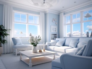 Bright, airy living room with white furniture, large windows, and a view of the clouds.