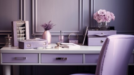 A white desk with lavender drawers and a purple chair in a room with lavender walls. There are various decorative items on the desk.