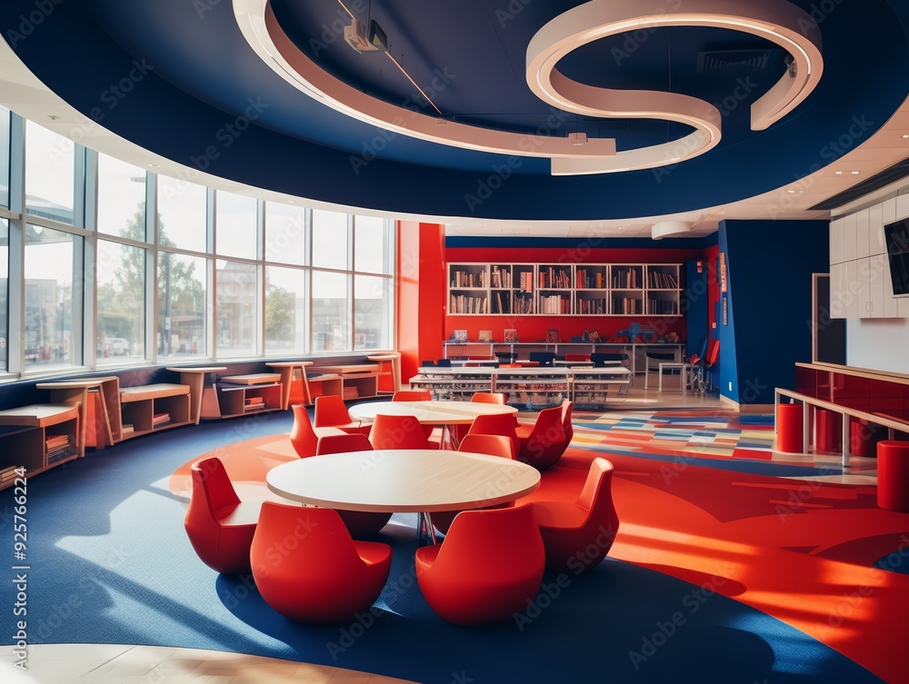 Poster a modern reading room with red chairs and a wooden table in front of a large window.