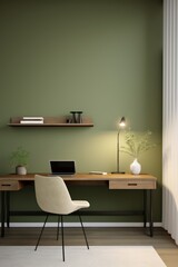 A modern, minimalist home office with a wooden desk, a white chair, and a green wall.  A lamp illuminates the desk and a laptop sits open.  There are plants and a white vase on the desk.