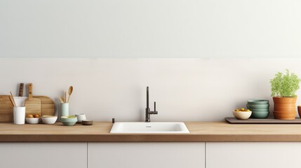 A modern kitchen sink with wooden countertop and white cabinets. A plant in a terracotta pot sits on the counter, next to a stack of bowls.