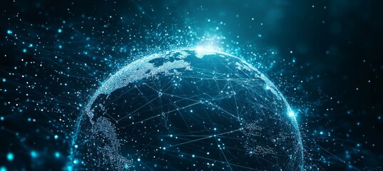 Obraz premium Abstract blue digital background with glowing network connections and global connection concept on a dark blue backdrop. Abstract technology, internet, or business theme vector illustration design ele