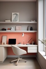 A modern home office with a coral wall, a white desk, a comfortable chair, and a laptop computer.