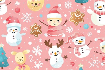 A cute, kawaii style illustration featuring adorable holiday characters like chibi reindeer, snowmen, and gingerbread cookies in pastel colors