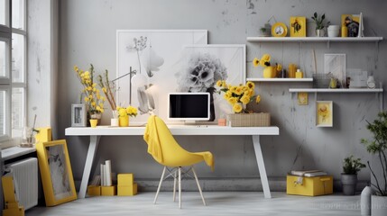 A modern home office with yellow accents, featuring a white desk, a yellow chair, and shelves filled with decorative items.
