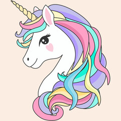 Cute unicorn head with horn in colorful rainbow pastel design, vector illustration design for cartoon children, baby card, decorating birthday party, shirt, sticker © Oracha