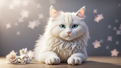 This is a picture of a ginger and white cat lying on a cobblestone patio surrounded by white flowers.