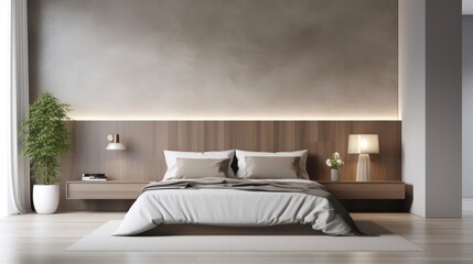 A modern bedroom with a white bed and wooden headboard.