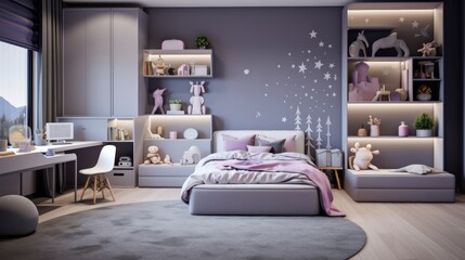 A modern bedroom with a gray bed, pink throw, and a round rug. The room has a desk, a white chair, and a large window. The walls are painted gray and have a star-shaped design.