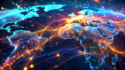 Fototapeta premium high-tech background featuring dynamic geospatial data visualizations. As well as elements such as digital maps, data points, and interconnected networks