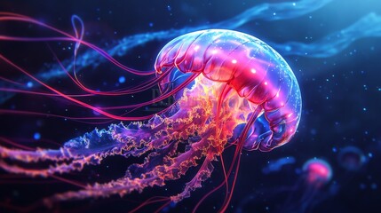 Enchanting Bioluminescent Sea Jellyfish: Neural-Style Digital Artwork of Glowing Ocean Depths