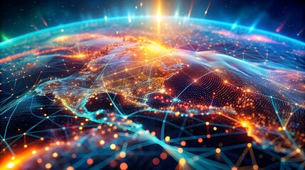 high-tech background featuring dynamic geospatial data visualizations. As well as elements such as digital maps, data points, and interconnected networks