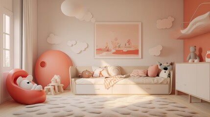 A modern and bright kids bedroom with a comfy bed, fluffy rug, and cute decor.