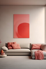 A light grey sectional sofa with coral pink pillows and a throw blanket in a modern living room with a large abstract red painting on the wall.