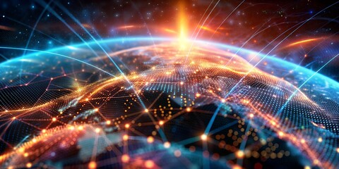 Obraz premium high-tech background featuring dynamic geospatial data visualizations. As well as elements such as digital maps, data points, and interconnected networks
