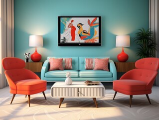 A living room with a blue sofa, two red chairs, a white coffee table, and two lamps with red bases.