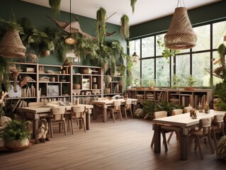 Obraz premium A jungle-themed classroom with wooden tables and chairs, bookshelves, potted plants, and natural light coming in through the windows.