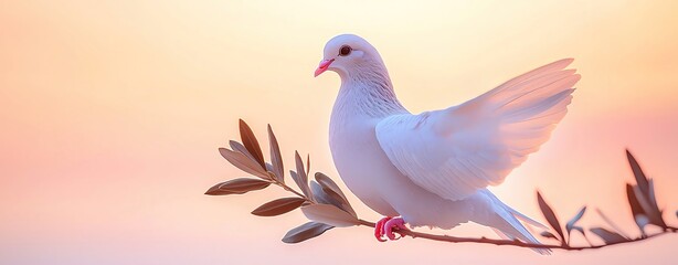 Obraz premium A serene white dove perched gracefully on an olive branch, symbolizing peace against a soft, colorful sunset backdrop.