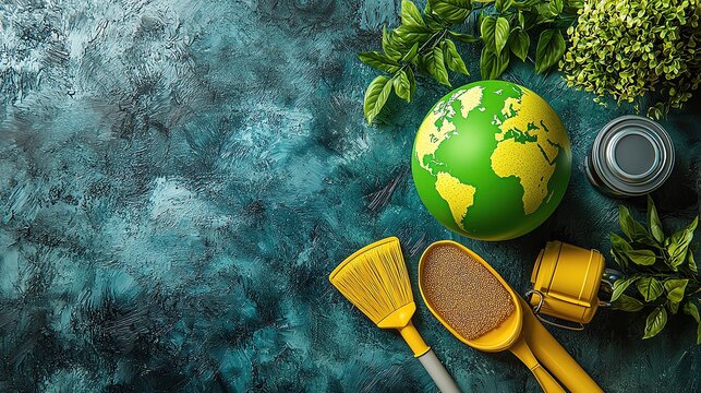 A vibrant flat lay featuring a globe, gardening tools, and greenery, perfect for eco-friendly themes and gardening inspiration.