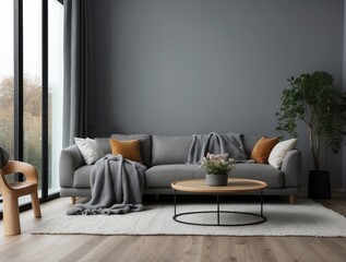 Modern Living Room with Grey Sofa, Wooden Coffee Table, and White Rug