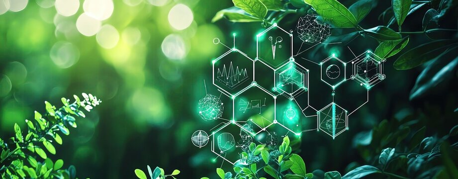 A vibrant green forest showcasing plants and digital elements, symbolizing nature and technology's harmonious connection.