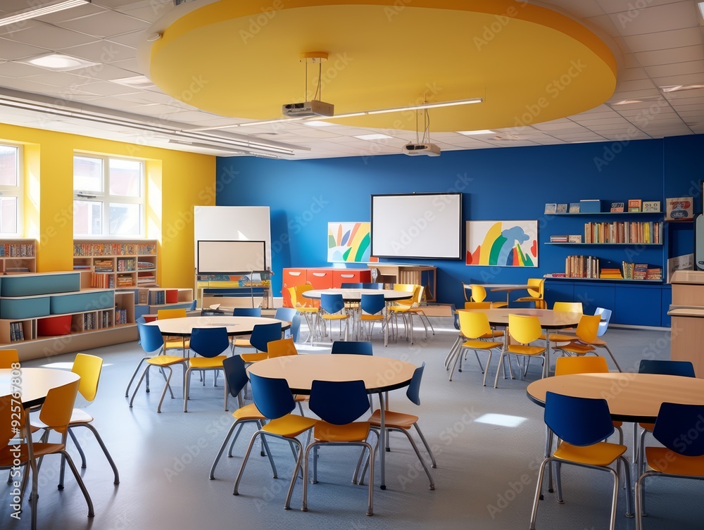Poster a colorful and modern classroom with tables and chairs arranged in a circle, perfect for group learn