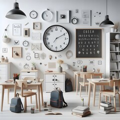 Modern Children's Study Space with Bright White Walls and Wooden Furniture