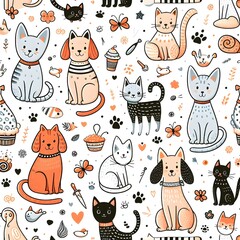 Cute Cartoon Cats and Dogs Seamless Pattern