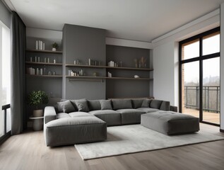 Fototapeta premium Modern Living Room with Gray Sectional Sofa and Floor-to-Ceiling Windows