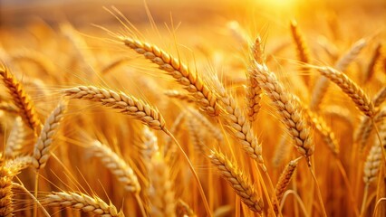 Fototapeta premium Close up of golden wheat ears swaying in the field, wheat, golden, agriculture, crop, farm, nature, harvest, organic, rural, close up