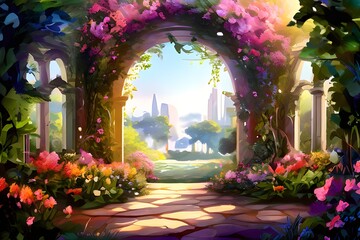 Fototapeta premium Enchanting garden wallpaper featuring vibrant flowers and serene landscapes, perfect for dream-inspired decor.