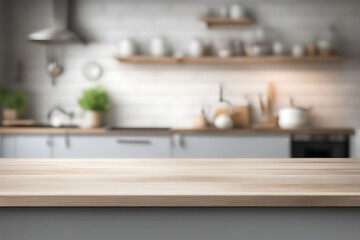 Empty wood tabletop or counter with display product. Blur image of kitchen room background.