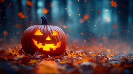 Fototapeta premium A glowing jack-o'-lantern sits amidst colorful autumn leaves in a dark, misty forest, creating a spooky and atmospheric Halloween scene.