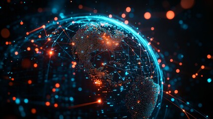 A digital globe displaying glowing network connections and data points, representing global communication, connectivity, and advanced technology in the cyber world.
