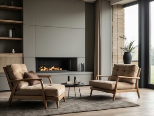Modern Living Room with Fireplace and Two Armchairs