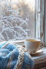  Cozy winter still life: cup of hot tea and knitted scarf on windowsill