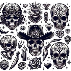 Sugar Skull Tattoo Design Elements Day of the Dead Skull Illustration