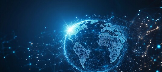 Abstract digital background with glowing network connections and a global map, symbolizing technology, connectivity, data transfer, and cyber security in a futuristic style