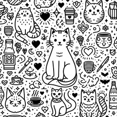 Obraz premium Seamless Pattern with Cute Cats, Hearts, and Coffee Cups