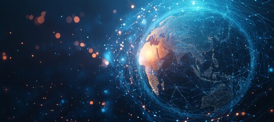 Abstract digital background with glowing network connections and a global map, symbolizing technology, connectivity, data transfer, and cyber security in a futuristic style